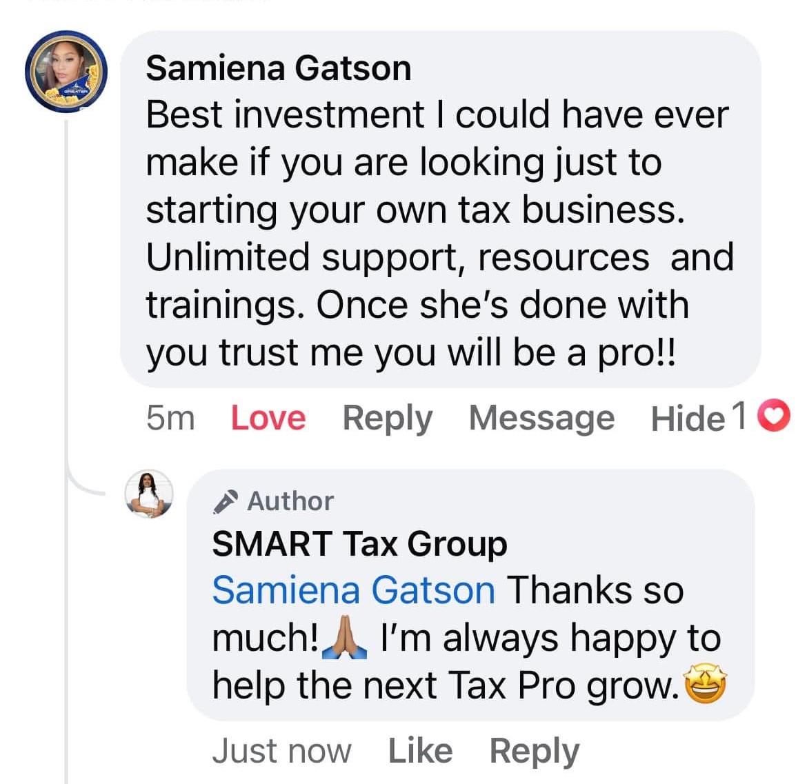 Facebook comment from Samiena Gatson calling SMART Tax Group the best investment
